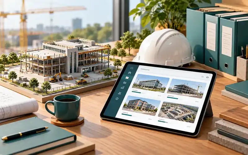 Illustration: A polished isometric construction operations graphic with miniature building model