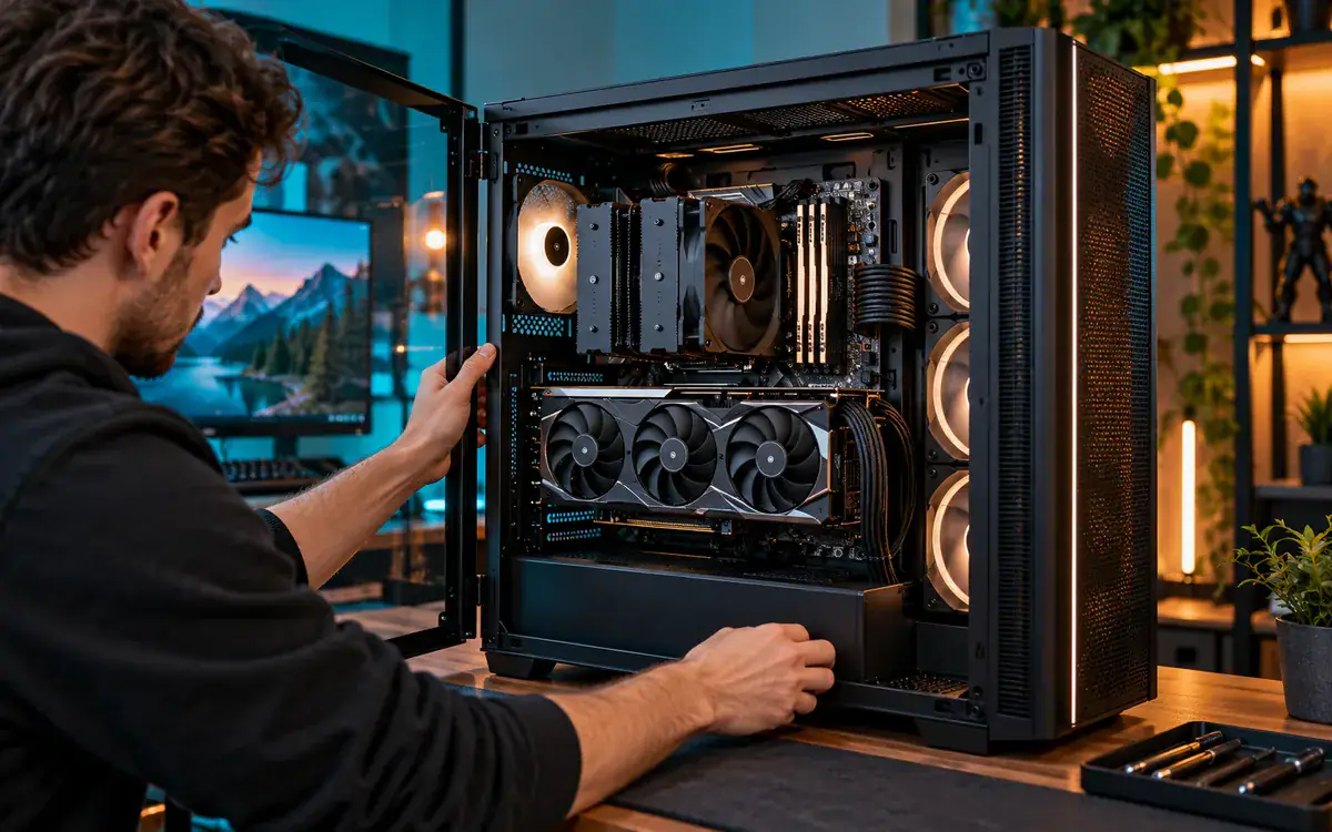 Illustration of a large full-size ATX gaming tower being inspected